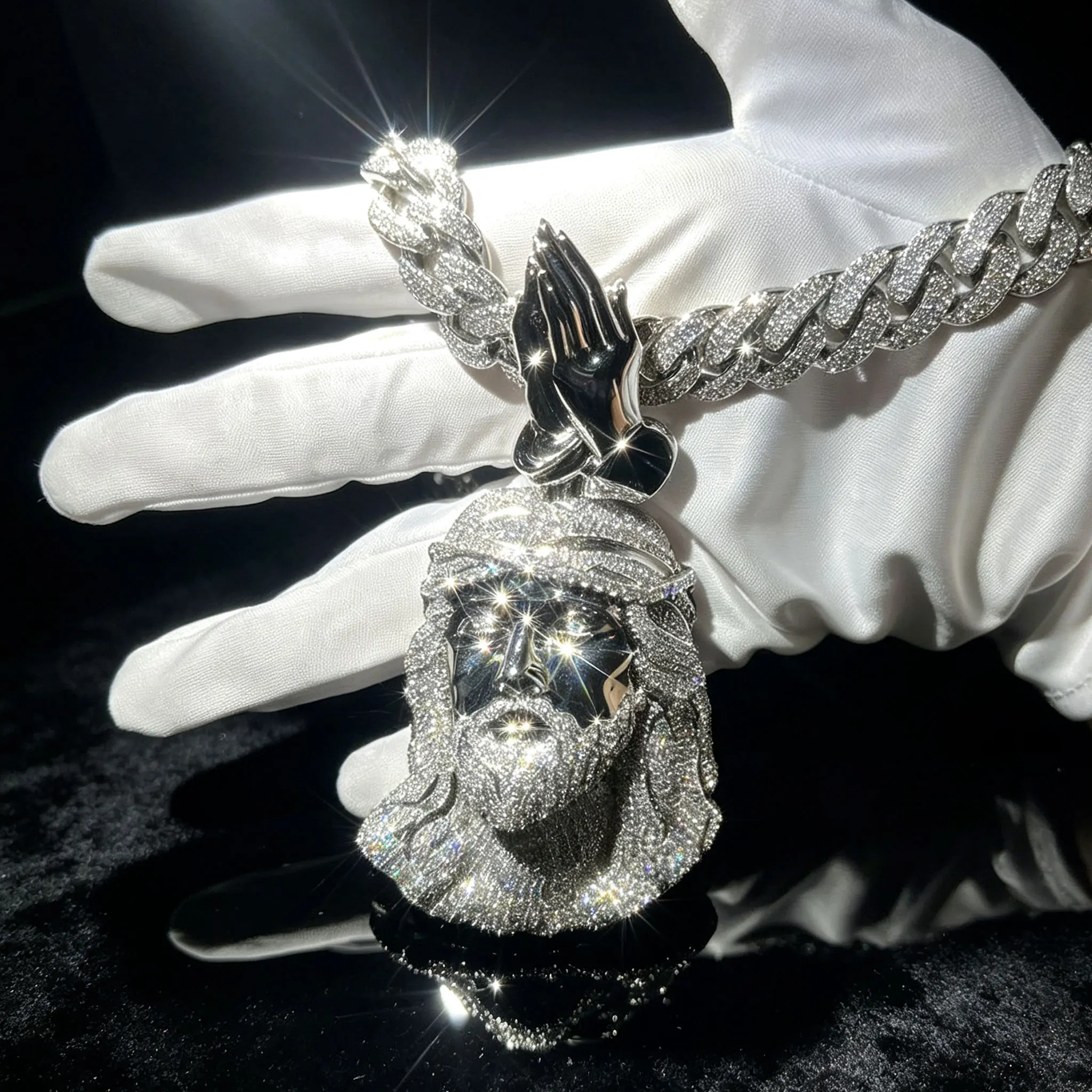 Iced Out Jesus Piece Pendant Necklace with Praying Hands Charm, Full Micro Pave CZ Diamond Cuban Link Chain, Hip Hop Bling Jewelry for Men, Rap Rapper Streetwear Accessories, Birthday Party Gift