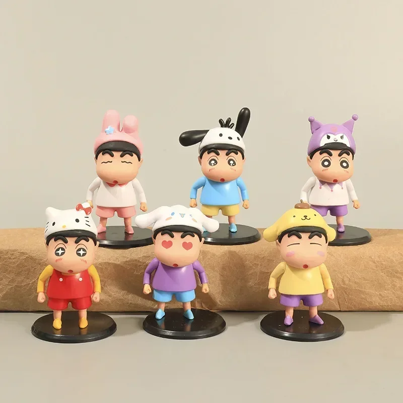 Crayon Shin-Chan Figuras Anime, Q Versão Toy, Hand-made Egg Vending Machine Modelos, Decoração do quarto, Boneca Ornamento, Presentes, 6Pcs