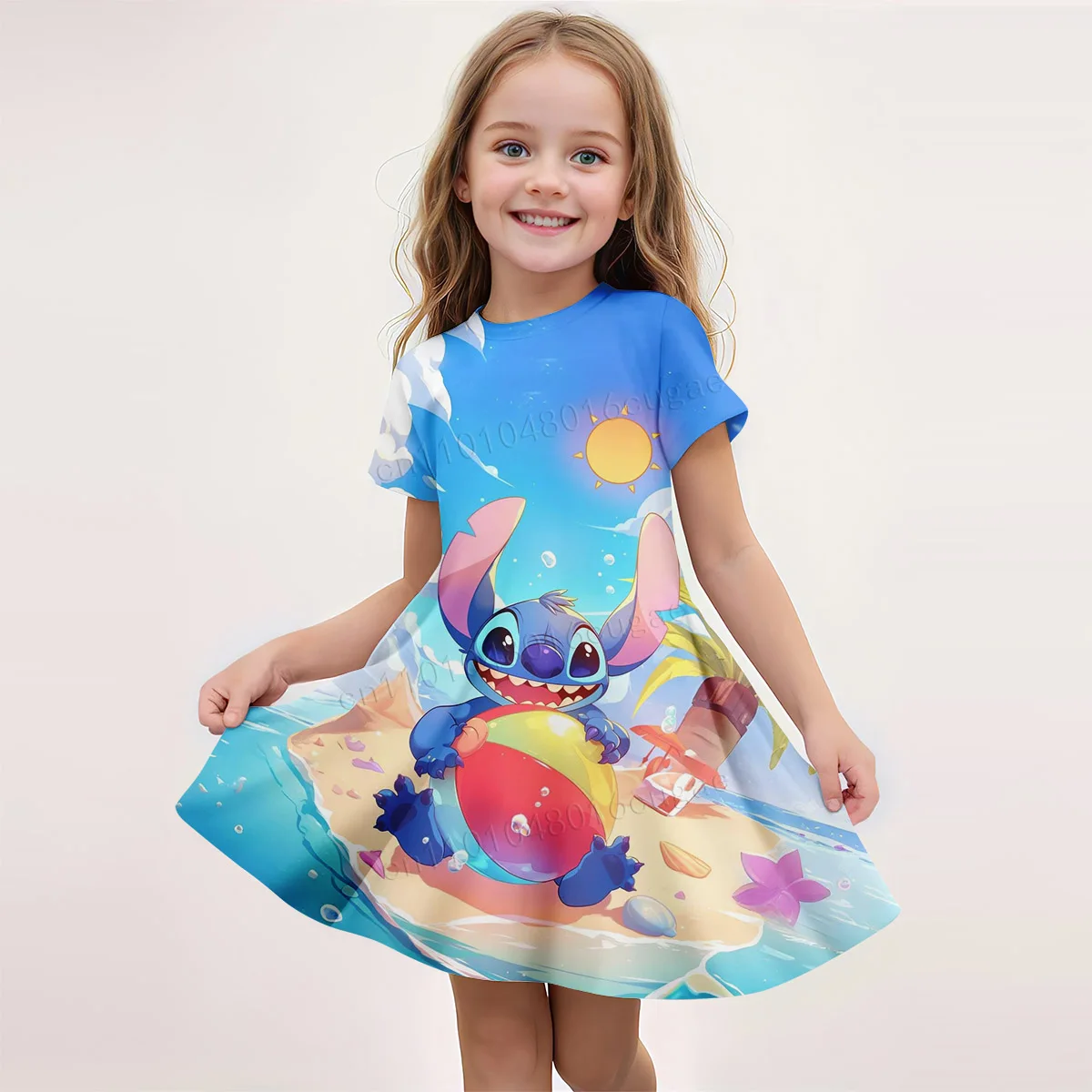 

Милое милое летнее платье для девочек Lilo & Stitch, длинное платье с короткими рукавами и мультяшным узором, повседневное удобное утягивающее длинное платье