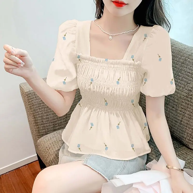 All-match Flower Printing Square Collar Shirring Chiffon Summer Pullover Puff Short Sleeve T-shirt Casual Women\'s Clothing Tops