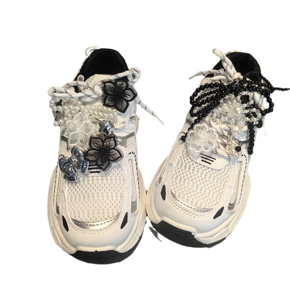 1PCS Neue Ballett Spitze Perle Schuhe Charme Schnalle Kristall Blume Schwarz Weiß Farbe Fee Bogen Schnürsenkel Schnalle Schnürsenkel dekoration – Detail 5