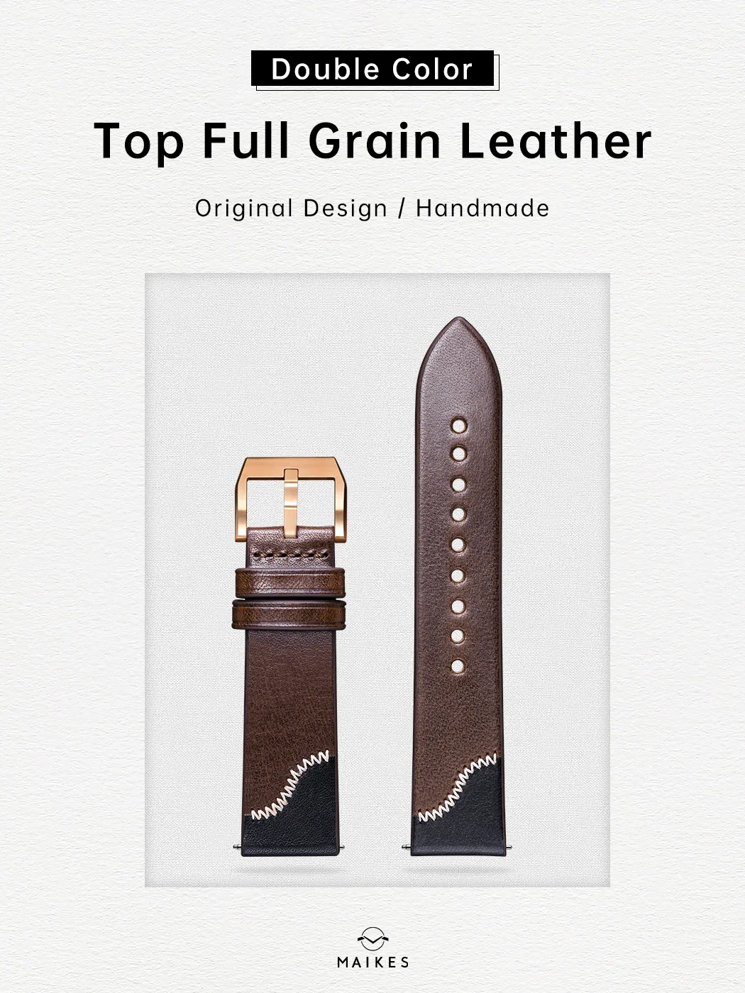 Maikes Handmade New Design Double Color Watch Band, Quick Release, Top Full Grain Leather Strap With Rose Gold Buckle