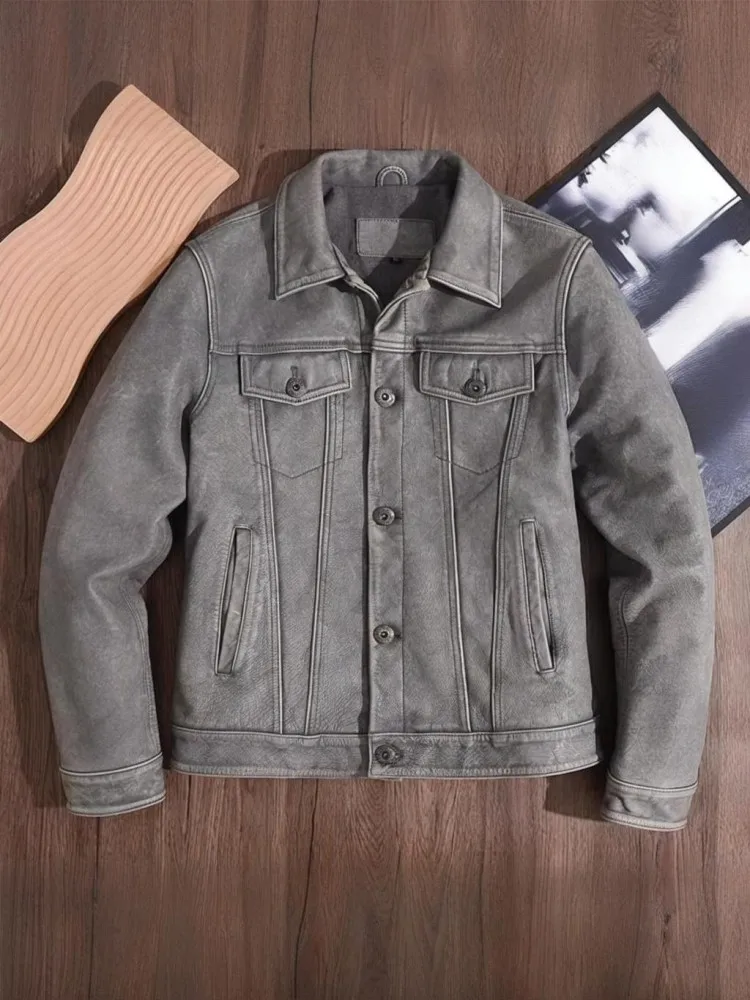 

Retro Lapel Solid Color Genuine Leather Jacket Youth Men Slim Long Sleeves Single Breasted Pocket Fashion Short Outerwear