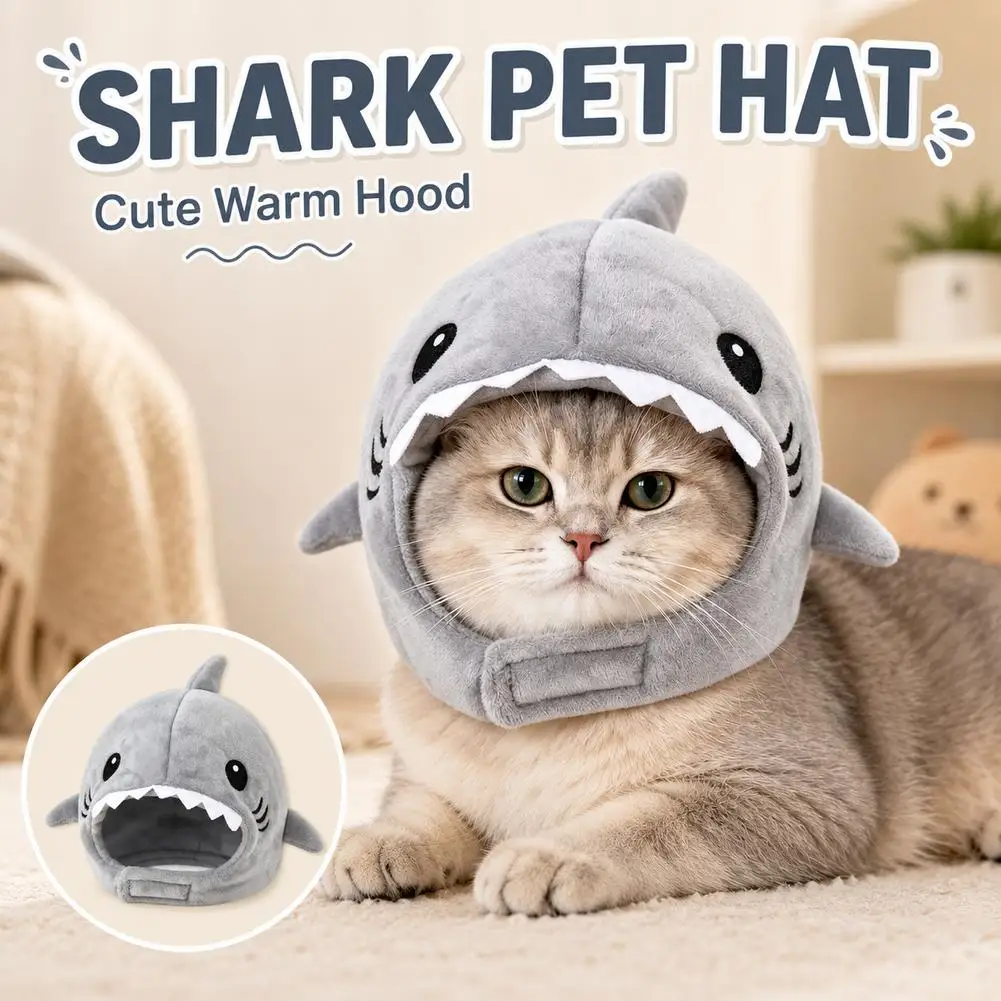 Cute Shark Pet Hat Winter Warm Plush Cat Costume Headwear Funny Adjustable Soft Dog Hood Cap Halloween Christmas Photo Props