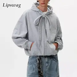 Y2K Style Mens Hoodies Vintage Lace-up Design Zipper Hooded Jackets Men Streetwear 2025 Spring Autumn Casual Solid Color Hoodie