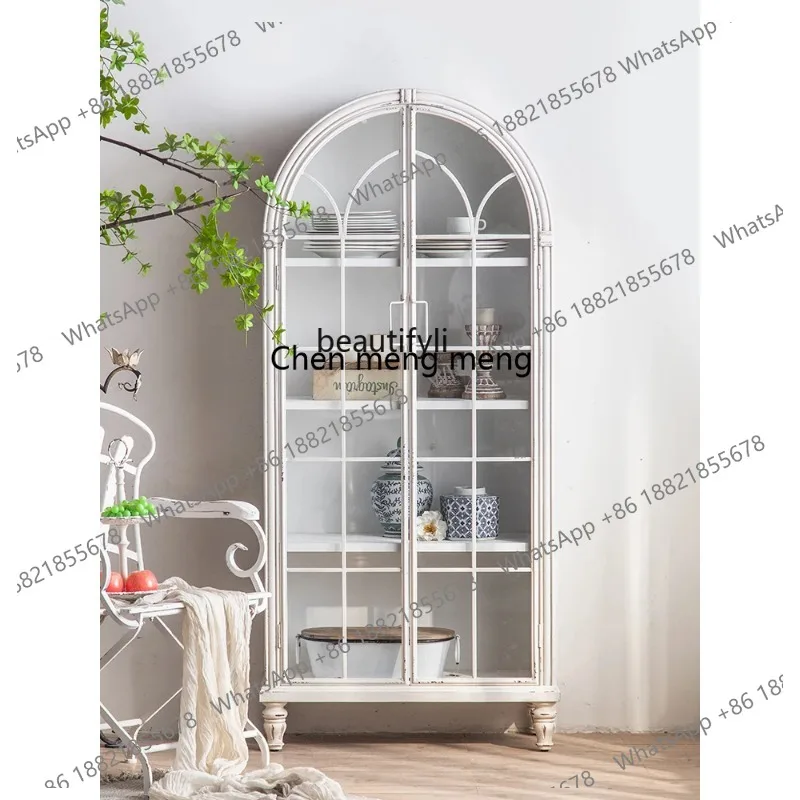 ss26 LBX French Retro Bookcase Solid Wood Floor Arch Display Cabinet Made of Glass Distressed White Locker with Door
