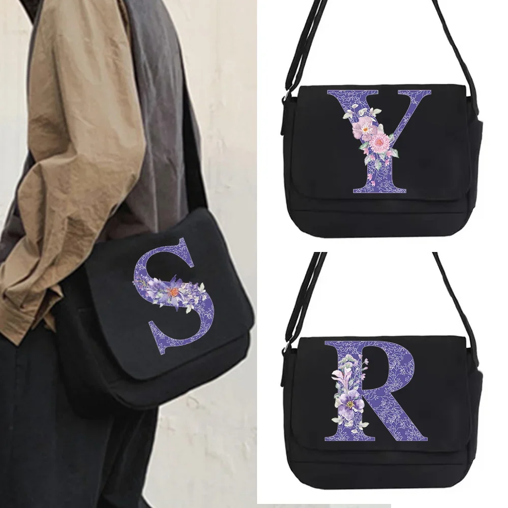 New Shoulder Bag ese Casual Version Wild Canvas Crossbody Packet Purple Flower Print Messenger Case Organizer for Women Bag