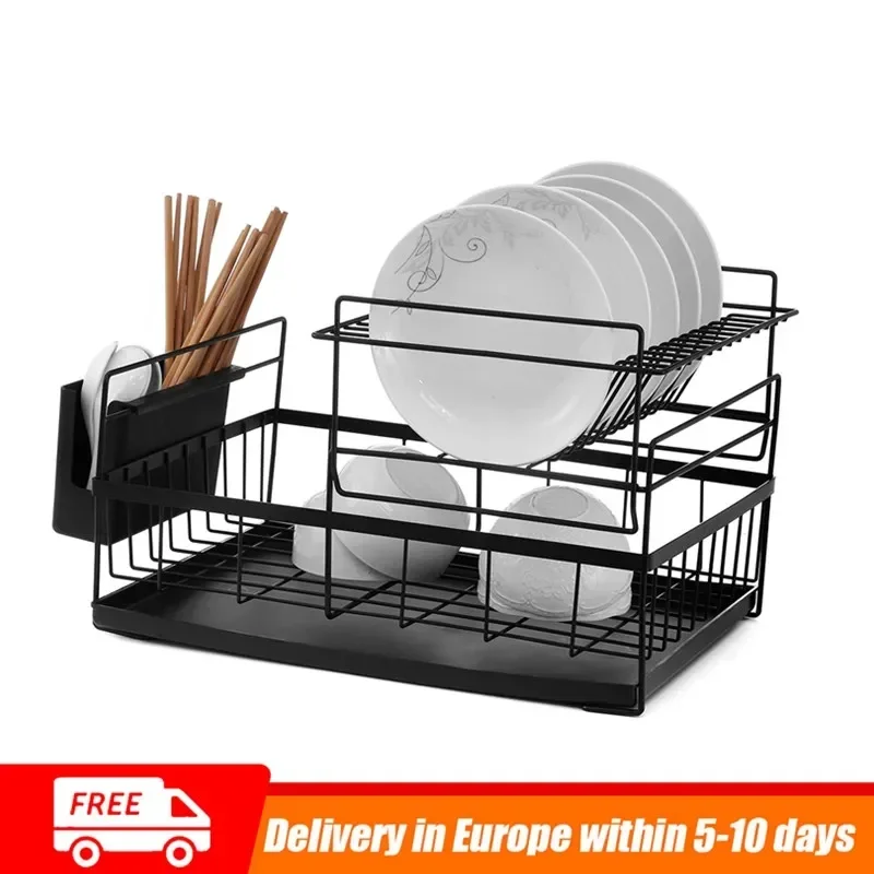 2 Tiers Kitchen Dish Drying Drain Rack Shelf Holder with Drainboard Tray Fork Cup Container Iron Organizer Drainer