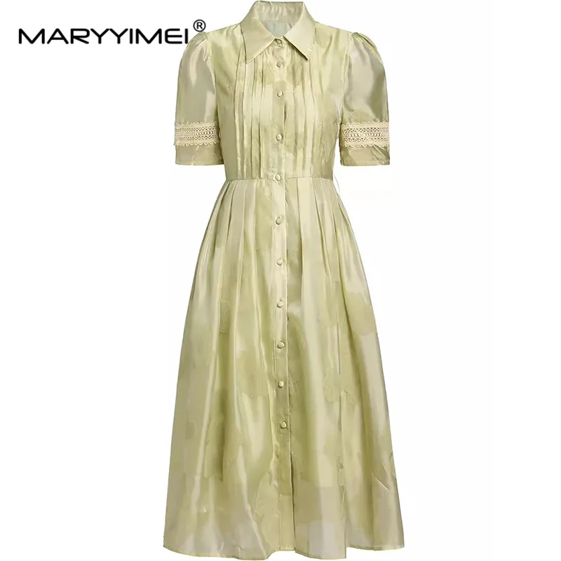 

MARYYIMEI New Fashion Runway Designer Dress Women's Turn-Down Collar Puff Sleeve Single-Breasted Folds Lace-UP Dresses