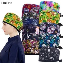 Skull Print 100% Cotton Outdoor Dustproof Work Cap Medical Hats Women Scrub Clinical Operating Room Accessories Nursing Supplies