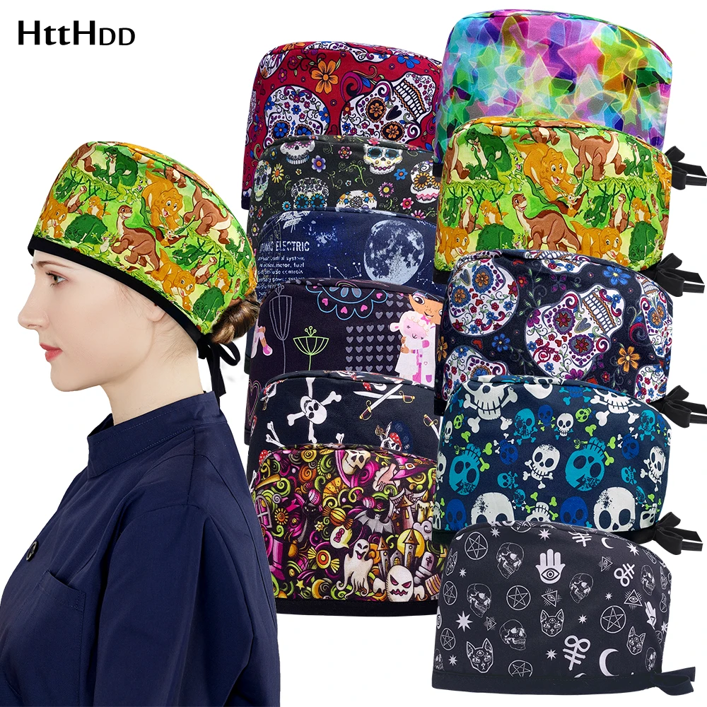 Skull Print 100% Cotton Outdoor Dustproof Work Cap Medical Hats Women Scrub Clinical Operating Room Accessories Nursing Supplies