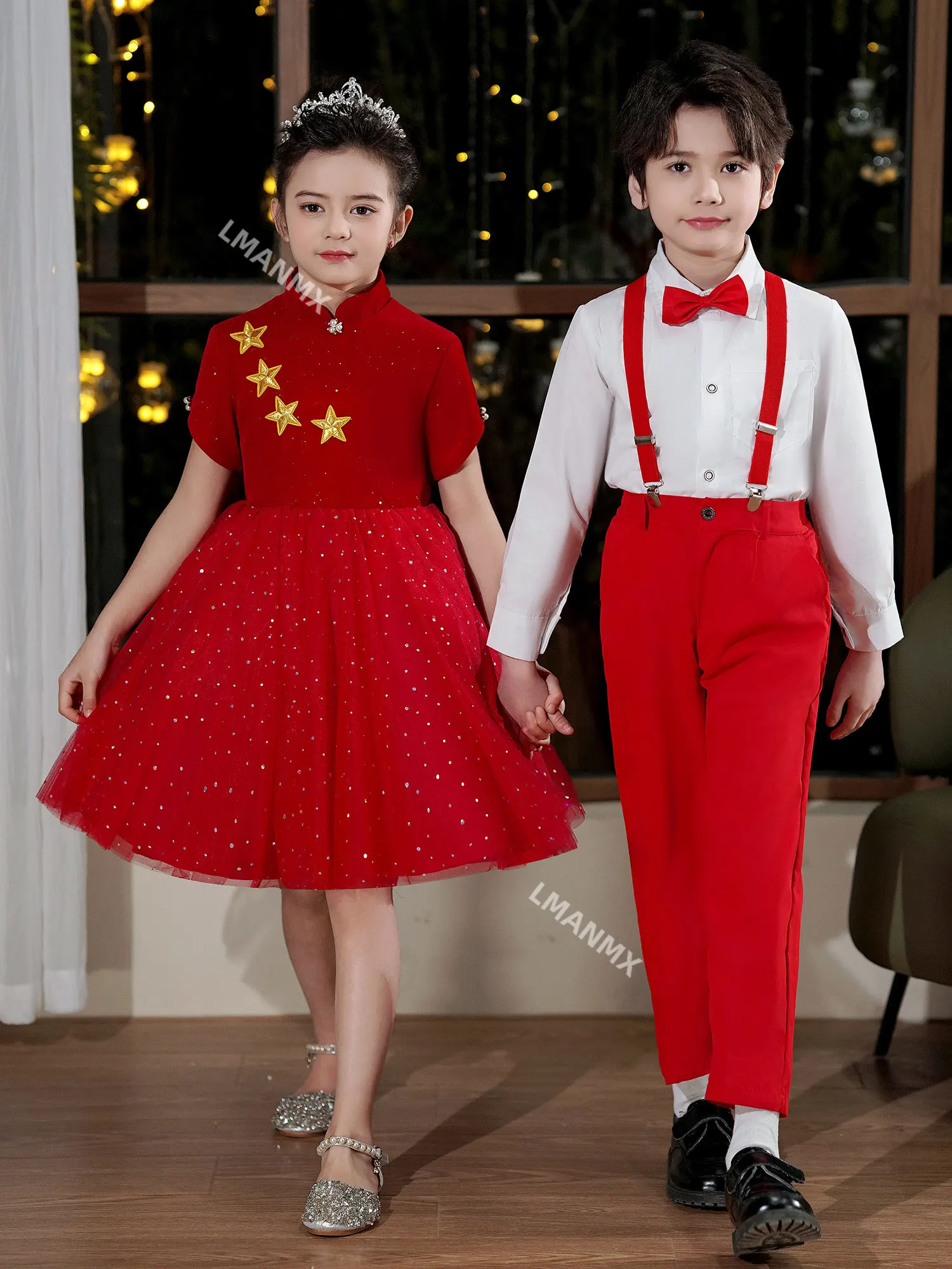 Disfraz de cororal para niños, disfraz de actuación, canto, recitación, poesía, Cantata, disfraz de actuación de presentador rojo chino