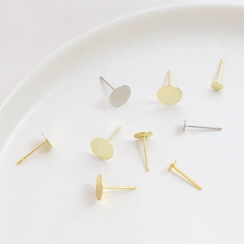 50Pcs Brass Gold Plated Earrings Posts Flat Round Blank Pad Board Glue On Stud Settings For Diy Earrings Findings Jewelry Making