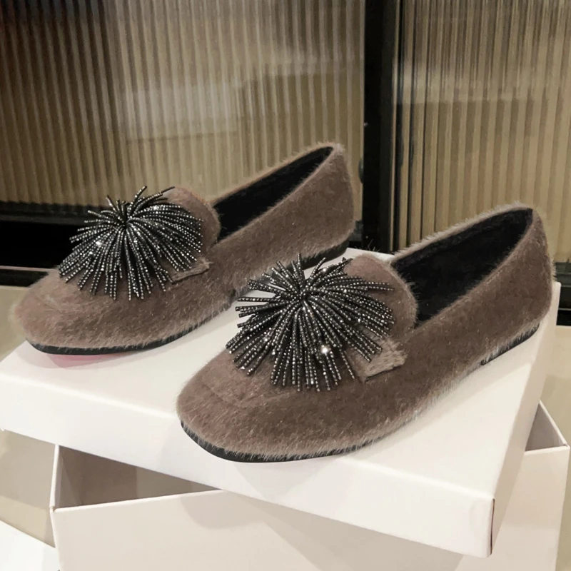 

Luxury Rhinestone Tassel Plush Fluffy Flats Women Square Toe Shallow Comfort Loafers Elegant Party Dress Low Heel Pumps Ladies