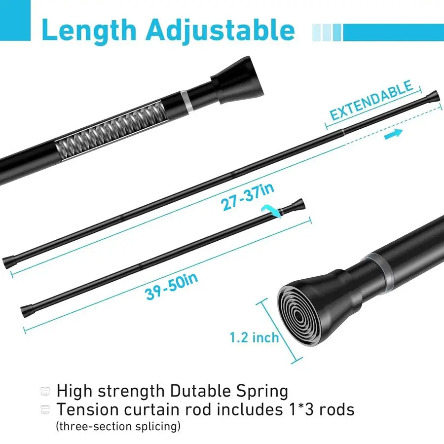 

Tension Curtain Rod for Windows 27 to 50 InchSpring Tension Rods Black Curtain Rods Adjustable Spring Rod Extendable Tension Rod