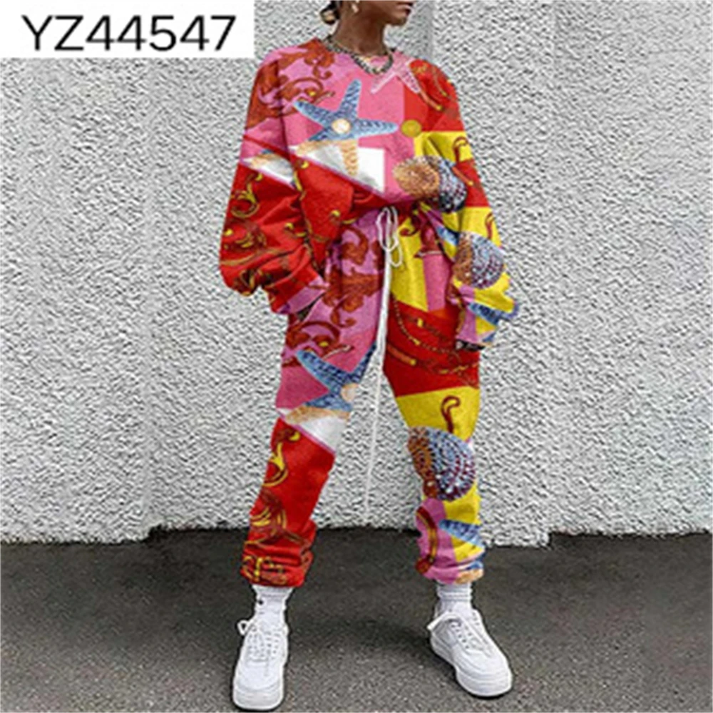 Women Casual Long Sleeve Round Neck Pullover Sweatshirt And Pant Set Harajuku Sportswear Tracksuit