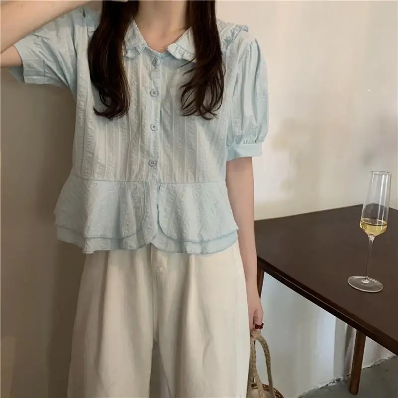 Shirts Women Puff Sleeve Peter Pan Collar Ruffles Vintage Korean Style Sweet Girlish Students Ulzzang Stylish Trendy Crop Tops