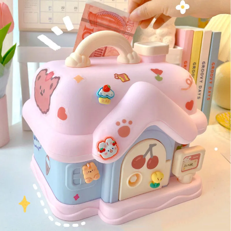 Cute House Piggy Bank With 3D Sticker Kawaii Large Size Safe Money Box Organizer With Key Birthday Gift For Girl Boy Kids Adults