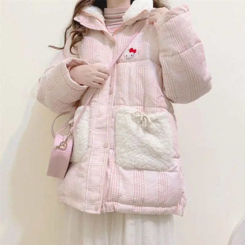 

Hello Kittys Y2K Fleece Padded Jacket Sanrios Kawaii Cartoon Winter Thicken Fleece Medium Long Loose Coat Christmas Girl Gift