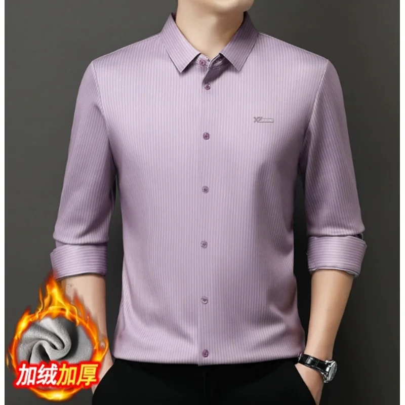 Hoogwaardige Mannen Gestreept Business Shirt 2023 Nieuwe Herfst Winter Lange Mouw Plus Fluwelen Dikke Warmer Shirt Mannen Kleding C0221