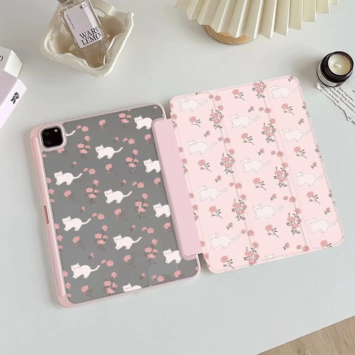 Pink Flower White Cat Case For iPad Pro 11 12.9 13 M4 M5 10.2 Air 4 5 6 10th Funda for Samsung Tab A8 A9 A11 S7 S8 S9 S11 Cover