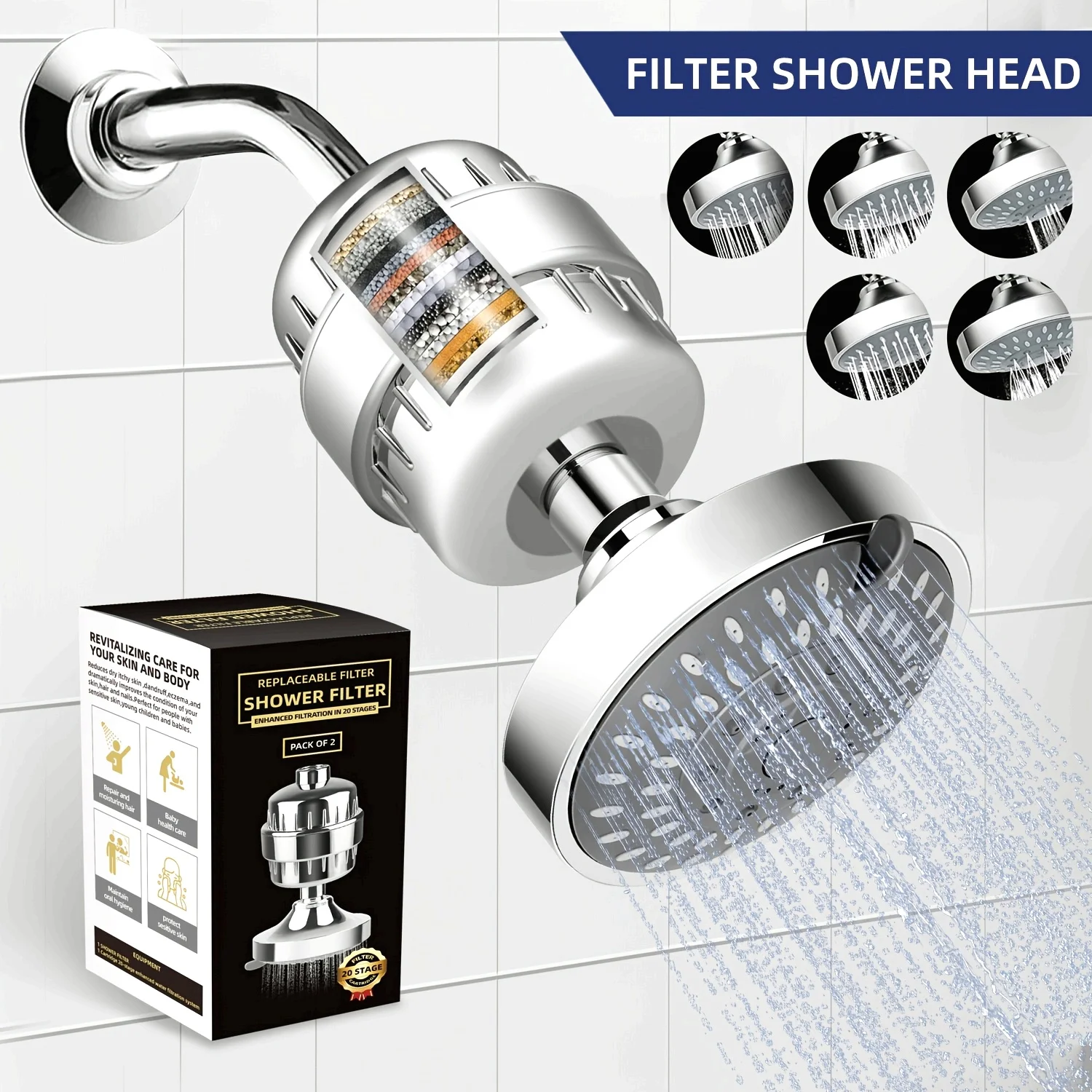 

1 set of universal shower head with shower filter and 5 spray modes to remove chlorine and harmful substances