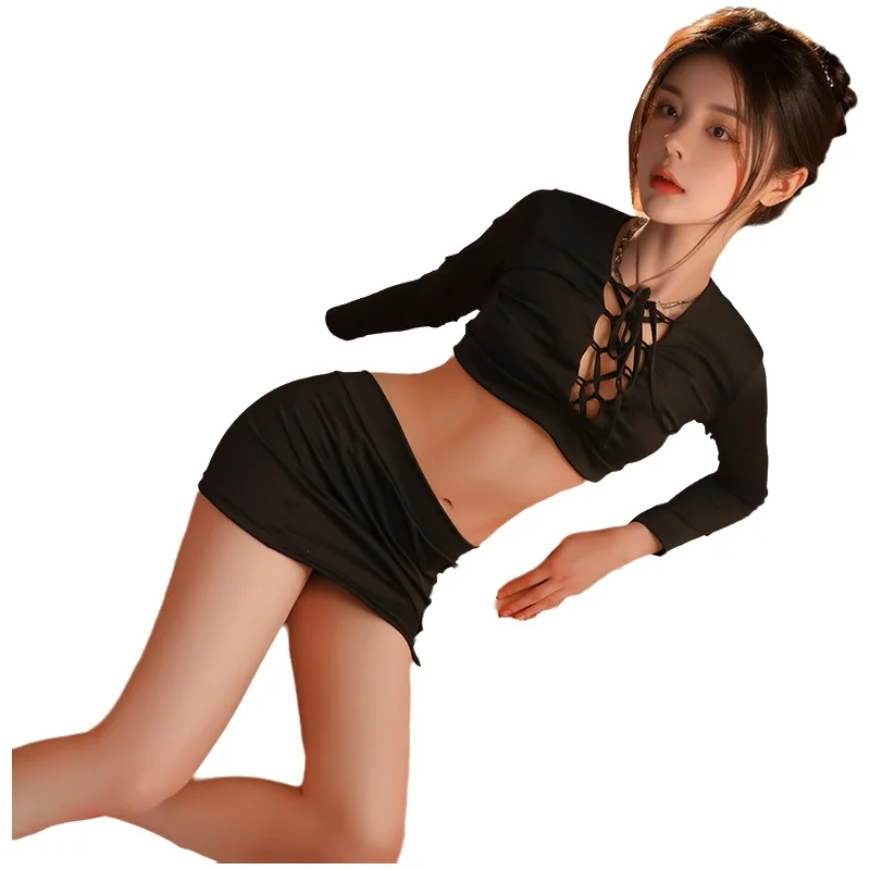 

Сексуальные комплекты для женщин: облегающее платье-футляр с длинными рукавами, воротником на завязках и черной юбкой для ночных клубов, для маленькой груди, модель YCAX