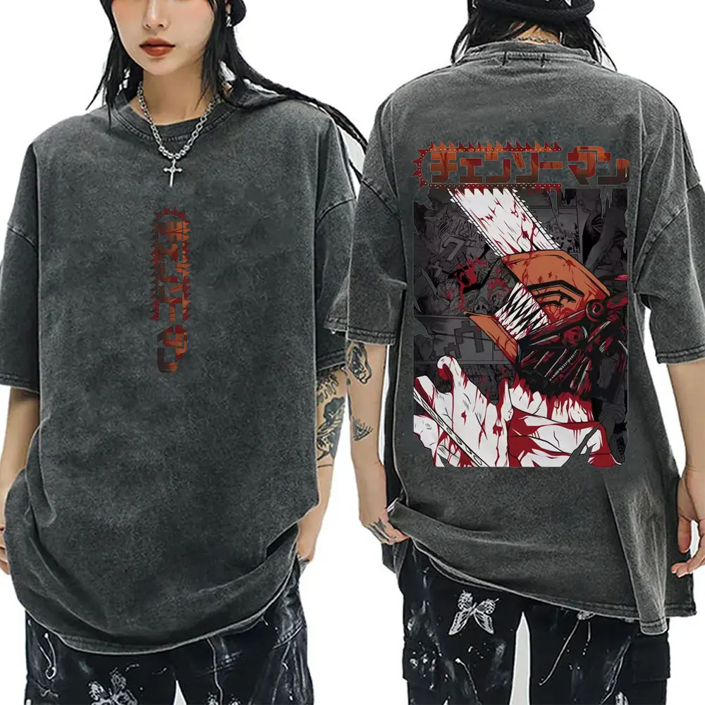 Anime Chainsaw Man Pochita and Denji Washed Vintage T-shirt Cartoon Manga Graphic T Shirt Men Casual Cotton Oversized T-shirts