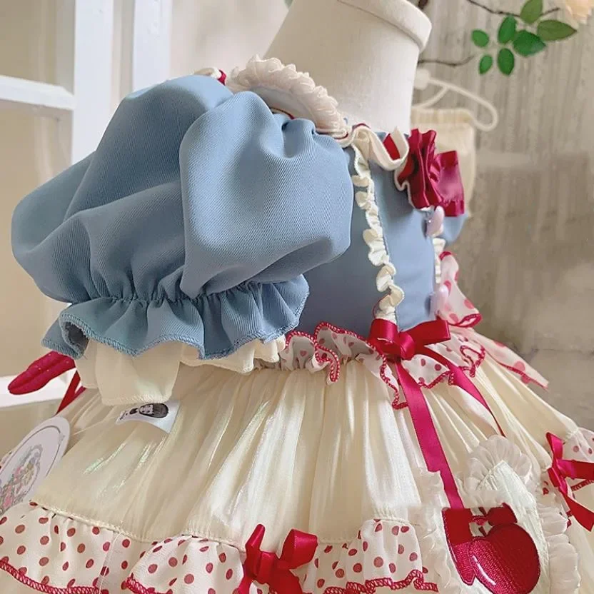 Spanish Vintage Lolita Princess Ball Gown Bow Embroidery Puff Sleeve Design Birthday Party Girls Dress For Easter Eid