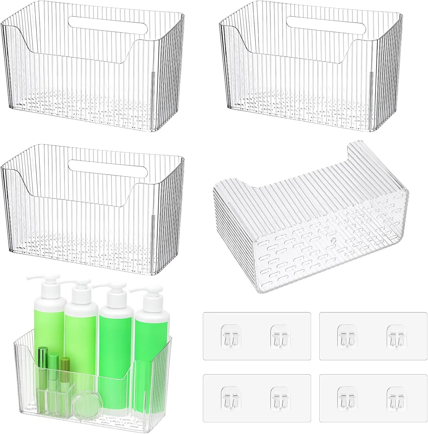 

4-Pack Adhesive Cabinet Door Organizer Set, Clear Inside Cabinet Door Storage Bins with Drain Holes for Kitchen Bathroom
