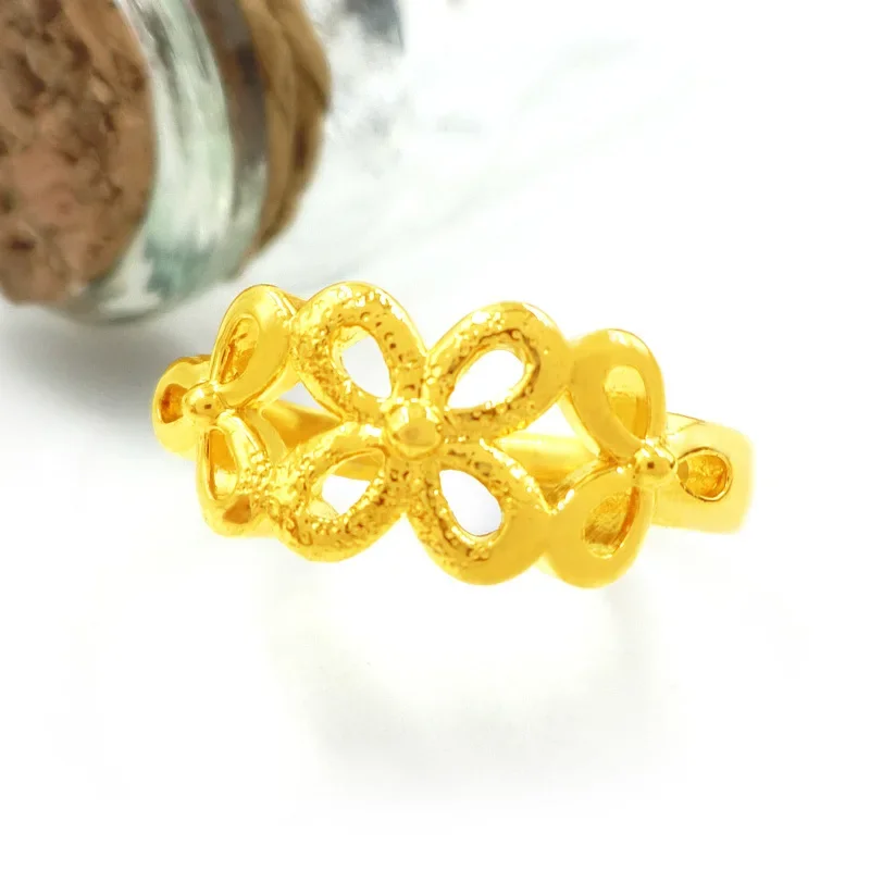 9999 Real Gold 24K Japanese and Korean Fashion Women's Open Butterfly Clover Ring Gold Gold Ring