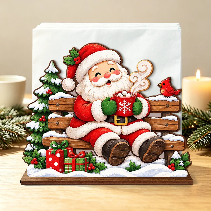 Christmas Wooden Napkin Holder, Santa Claus Sitting on Bench with Hot Cocoa and Cardinal Bird Pattern Table