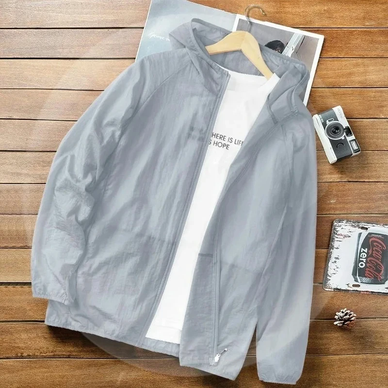 Ropa elástica de seda helada para hombre, Abrigo con capucha ultrafino, protección solar, chaquetas de pesca para deportes al aire libre, Verano