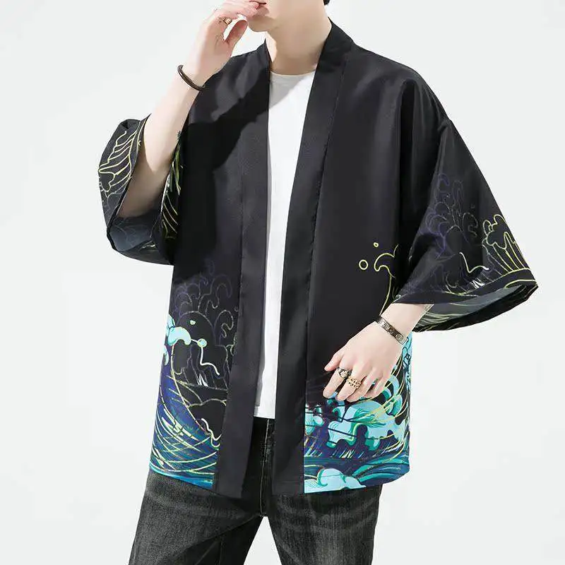 Men Traditional Japanese Haori Robe Ukiyo-e Wave Crane Pattern Kimono Shirts Asian National Costume Martial Arts Tai Chi Clothes