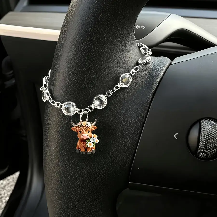 1/5/10/20/50/100pcs Highland Cow Floral Small Chain Pendant for Car Steering Wheel Decoration, Car Pendant, Modern, Refined, and