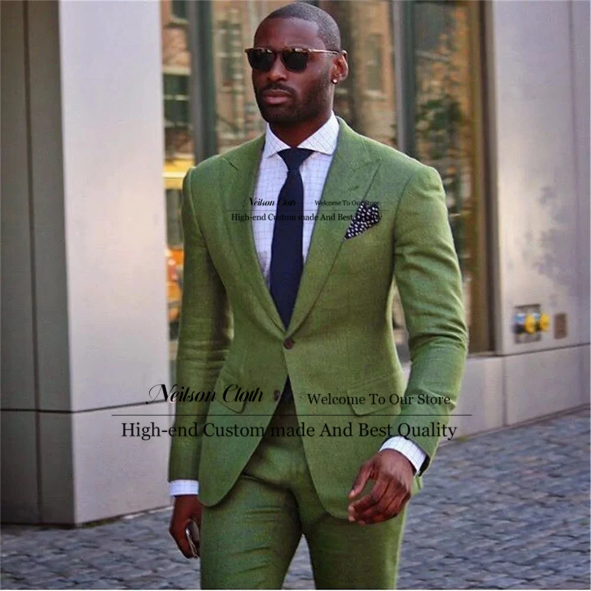 

Fashion Green Linen Men Suits Peaked Lapel Groom Wedding Tuxedos 2 Pieces Male Prom Blazers Slim Fit Groomsmen Terno Masculino