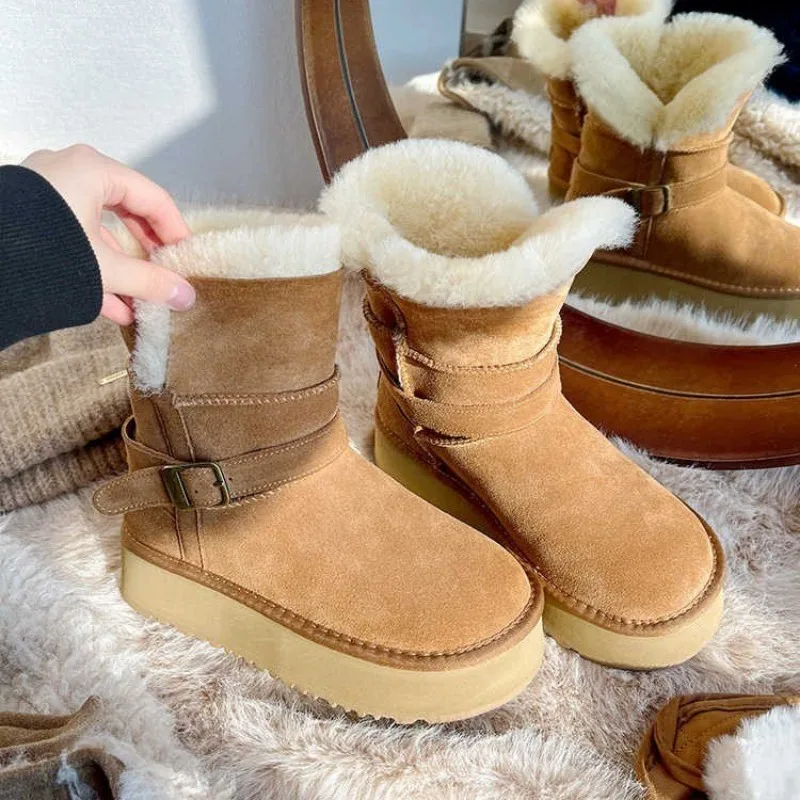 Women's Fashion Platform Snow Boots Winter New Round Head Suede Belt Buckle Anti-slip Wear-resistant Short Boots