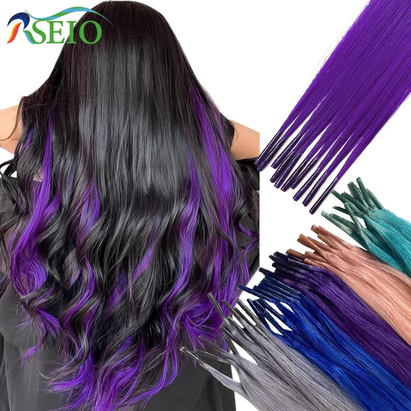 RESIO-extensiones de cabello humano 100% Real, Color morado, azul, rosa, gris, 20 pulgadas, 0,5g/hebra recta