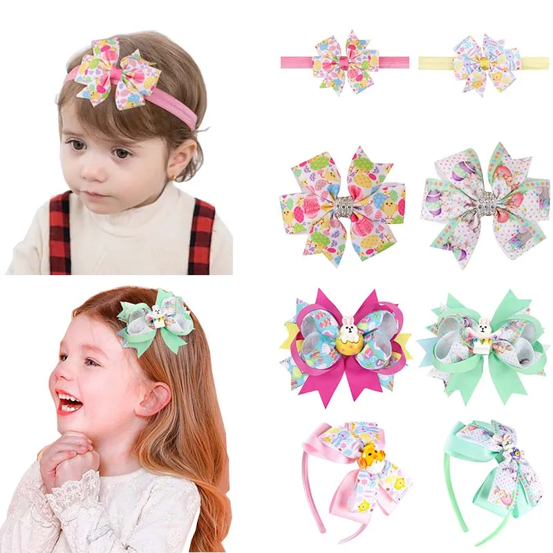 

4.5" Easter Day Bow Hair Clip For Kids Girl Cute Eggs Rabbit Printed Bowknot Hair Pin Hairband Headband Fashion Hair Accessories