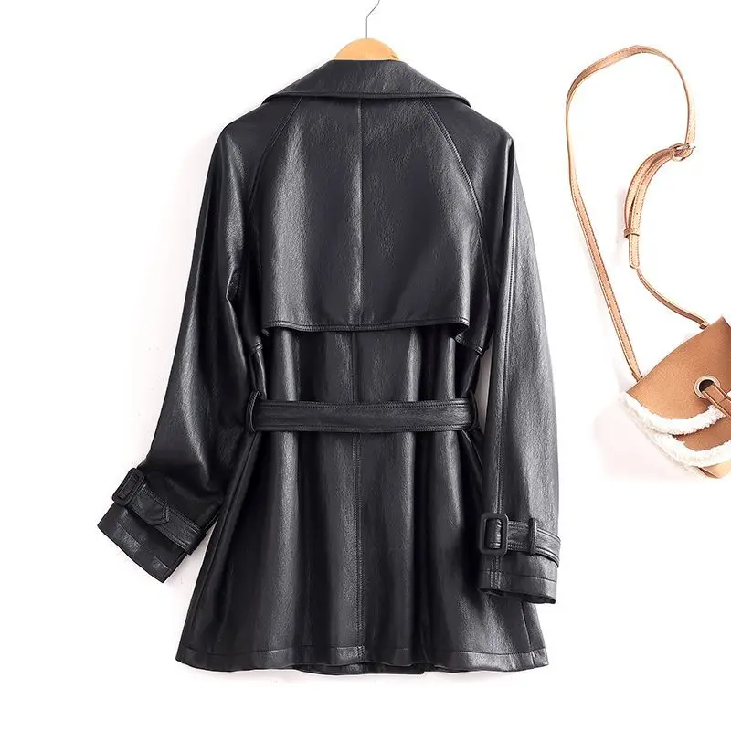 Nuevo gabardina corta de cuero dividido para mujer, traje de moda de otoño con cuello, doble botonadura, cintura delgada con cinturón, abrigo de cuero informal