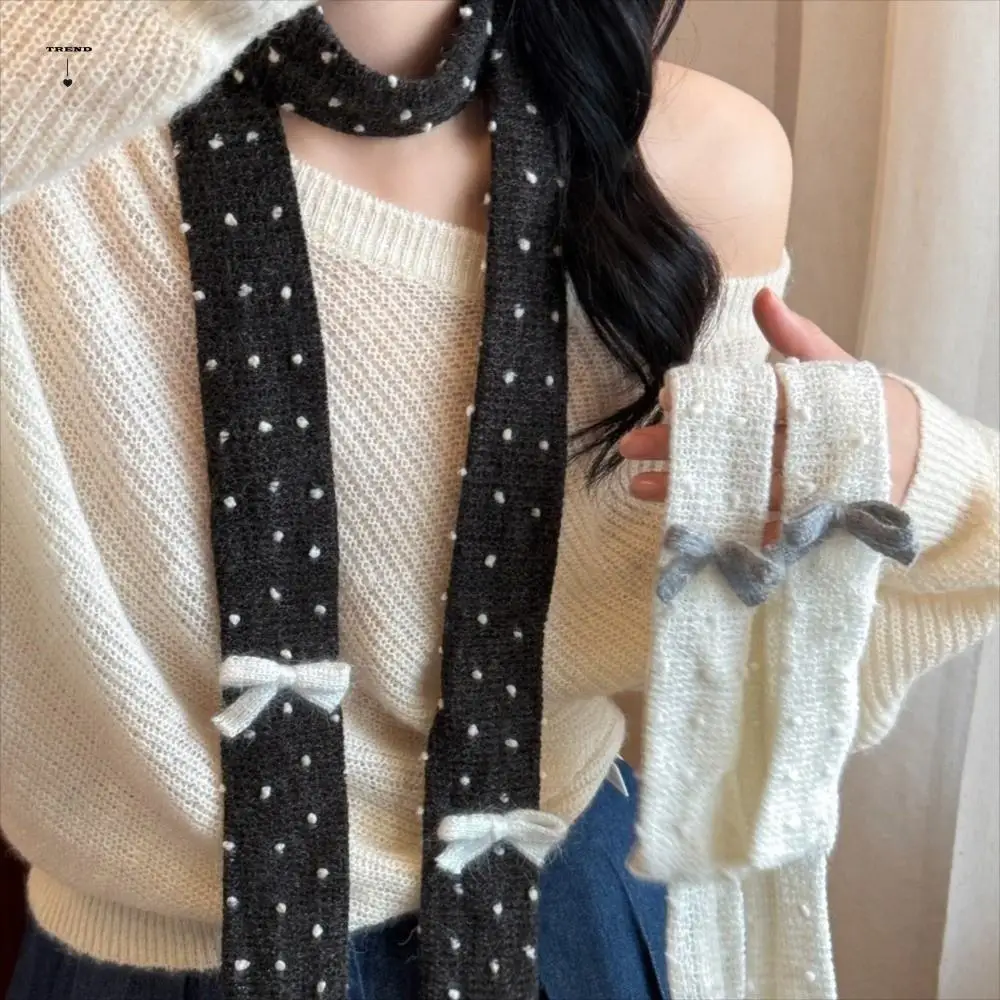 ผ้าพันคอไหมพรมลายจุดอเนกประสงค์ สไตล์ฮาราจูกุ ตกแต่งชุดสไตล์เกาหลี Y2K ผ้าพันคอยาวทรงแคบ สตรีทแวร์