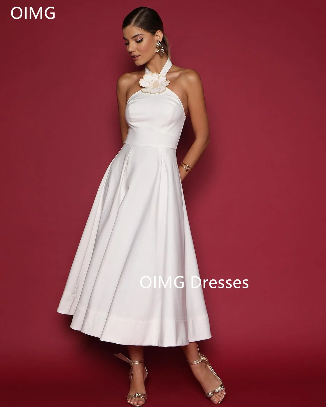 

OIMG Gorgeous Fashion Halter Vintage Simple Prom Dresses White Satin Sleeveless A-Line Evening Gowns Formal Party Dress