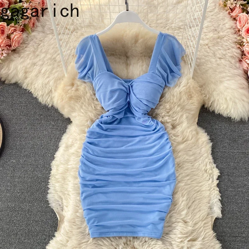 Gagarich Woman Dresses Summer Sexy Lady Dress High Waist Slim Folds Square Collar Solid Short Sleeves Bag Hip Female Vestidos