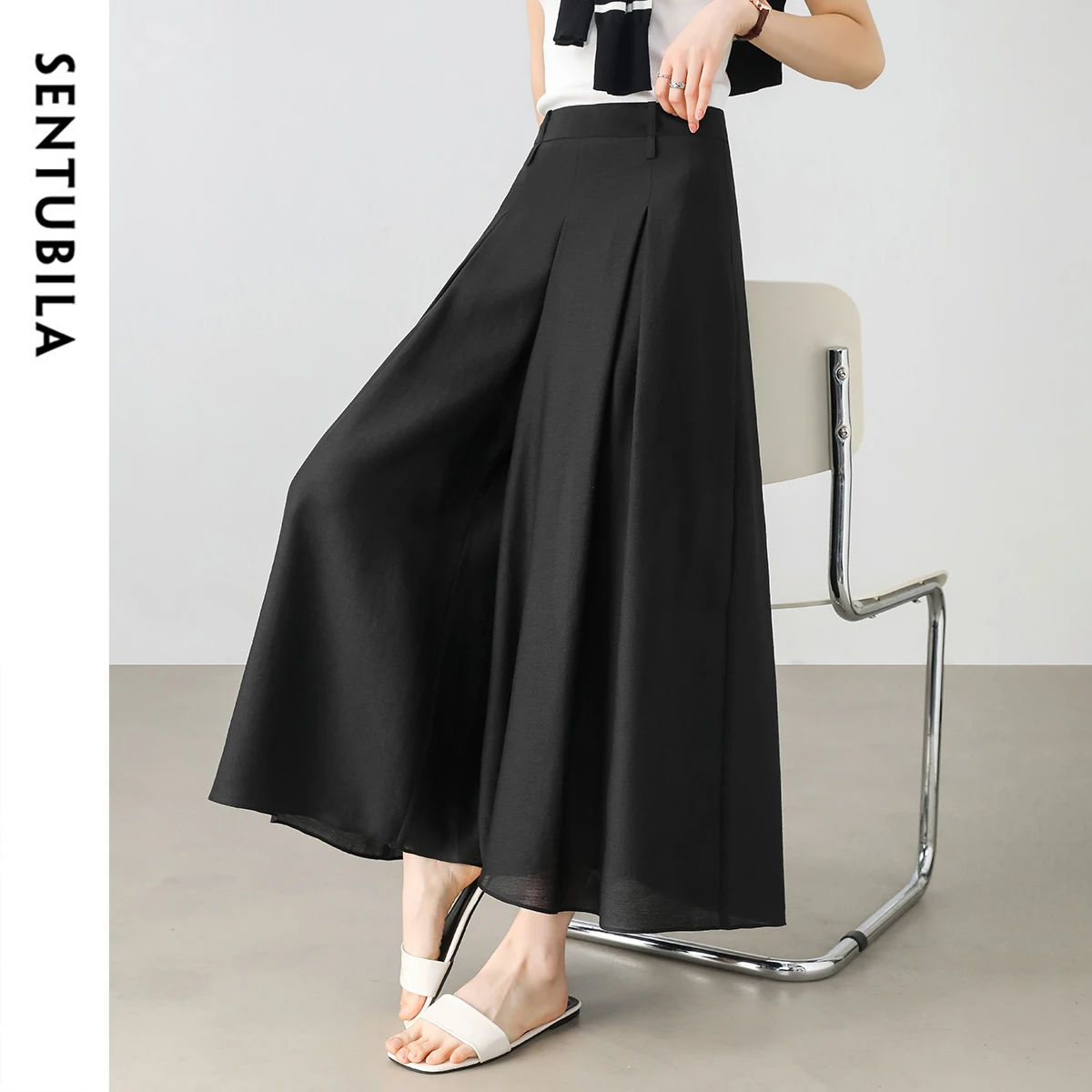 SENTUBILA Black Lyocell Women's Skirts Pants 2025 Elegant High-waist Wide-leg Pants Folds Ankle Length Trousers Lady 152K59026