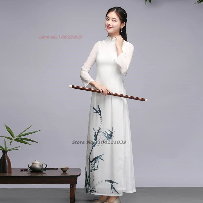 2025 woman aodai dress vietnam traditional dress improved qipao national bamboo print cheongsam oriental tea service hanfu dress