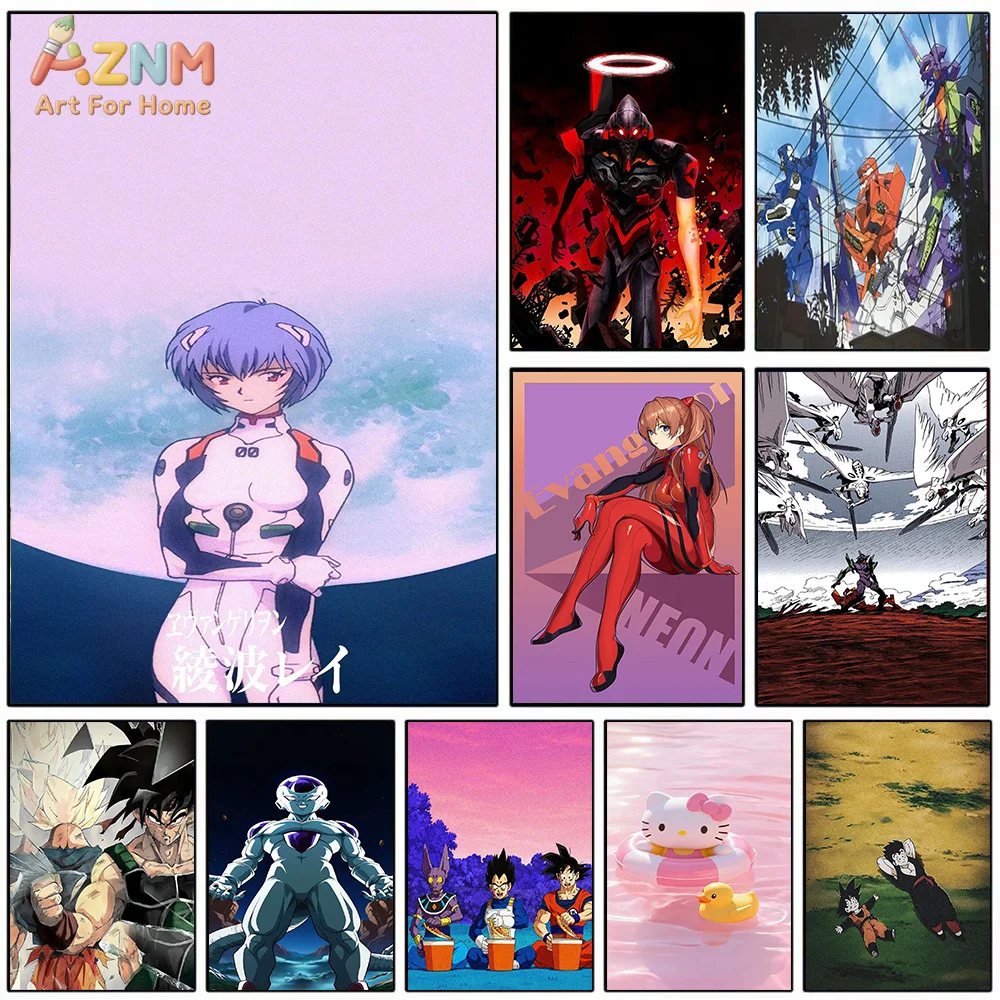 AZNM Anime Canvas Wall Art, Neon Genesis Evangelion & Dragon Ball & Hello Kitty Print Poster for Room Decor