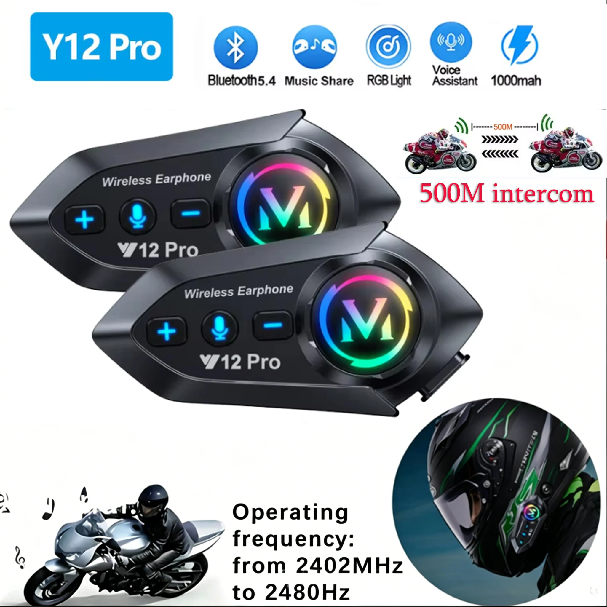 Fone de Ouvido para Capacete de Moto Y20 Pro com Bluetooth, Intercomunicador de 500M, Rádio FM, Chamada Mãos-Livres, À Prova D'água, Compartilhamento de Música e Interfone
