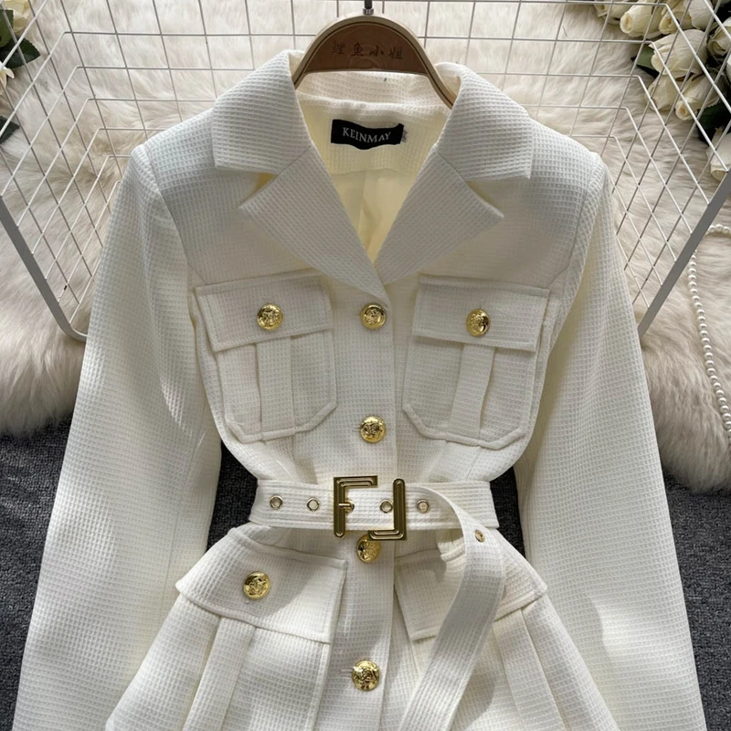 New Autumn Winter Outerwear Fashion Vintage Golden Buttons Pocket Coat Women\'s Notched Collar Belted Blazers Jackets Tops