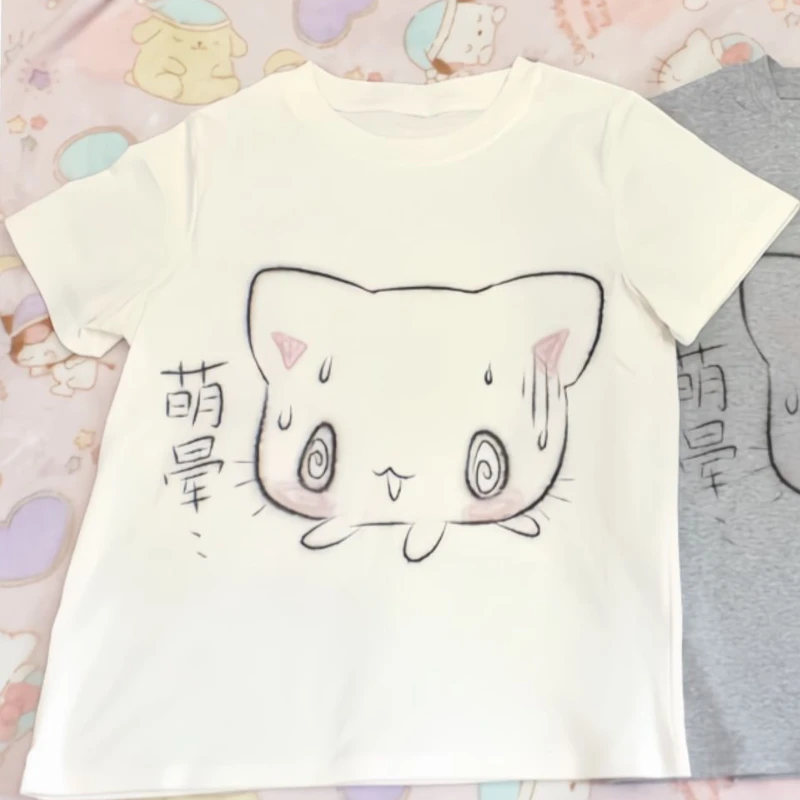 Women Japanese White Cartoon Print Kawaii Graphic Casual Loose Streetwear Grunge T Shirts Y2k Aesthetic Summer Harajuku Tops