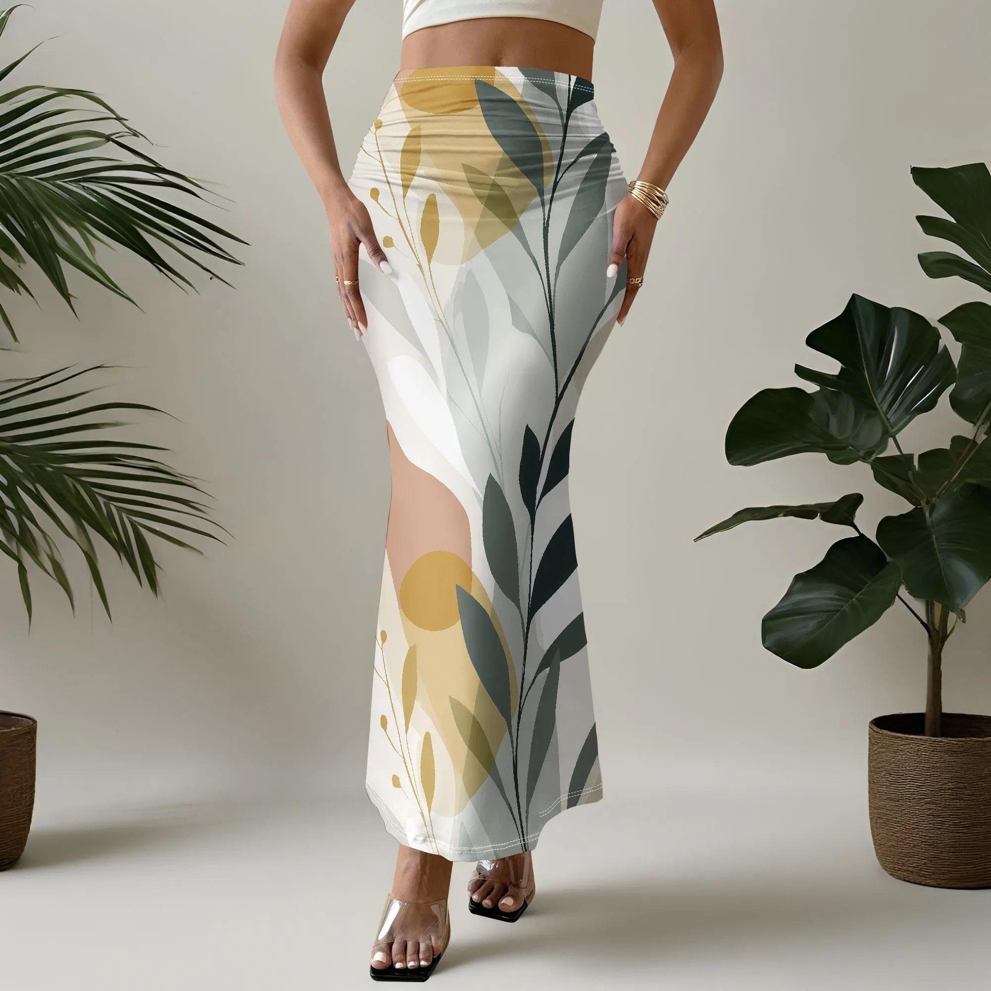 Leaf Print, Mermaid Skirt, Abstract Botanical, Boho Maxi, Summer Beach Party, S-2XL